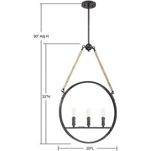 Piccardy 3 Light 20 inch Rustic Black with Rope Pendant Ceiling Light