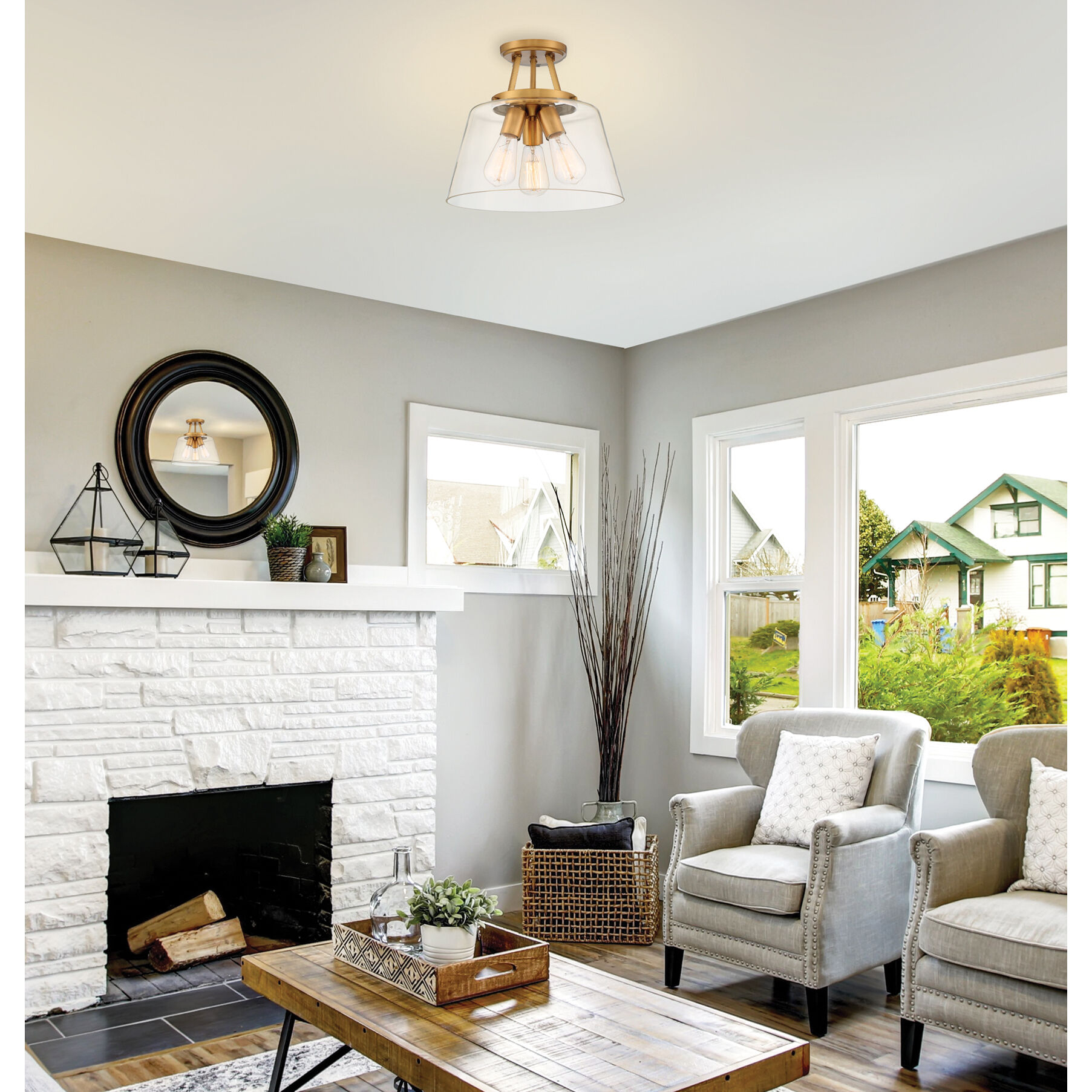 Calhoun 3 Light 13 inch Warm Brass Semi-Flush Ceiling Light, Essentials