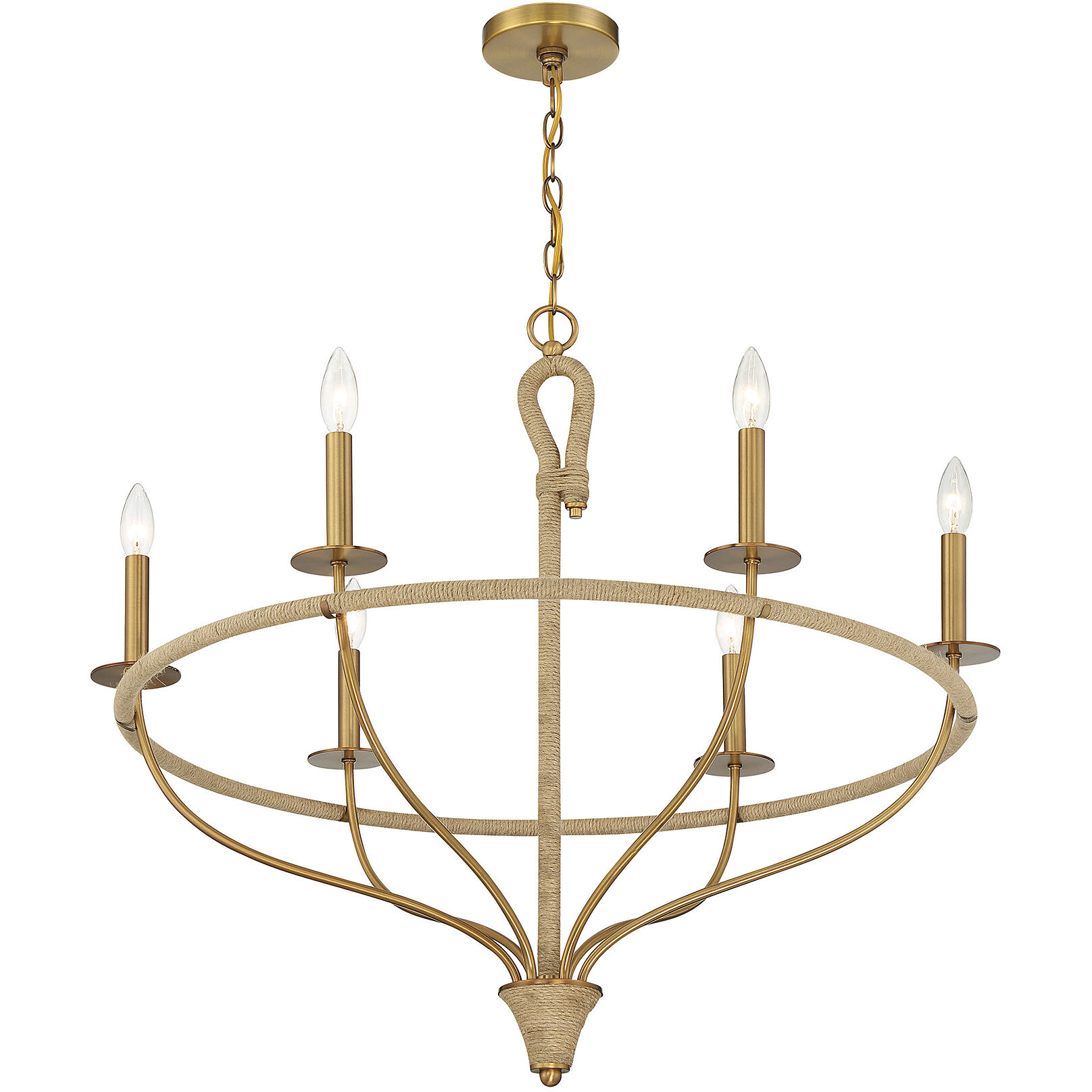 Charter 6 Light 32 inch Warm Brass and Rope Chandelier Ceiling Light