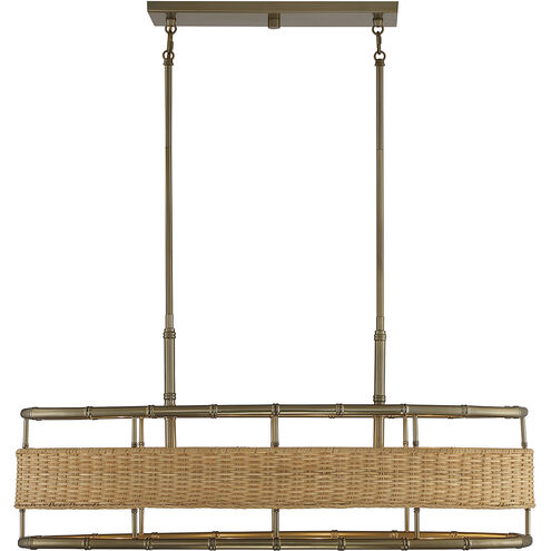 Arcadia 4 Light 36 inch Burnished Brass with Natural Rattan Linear Chandelier Ceiling Light