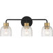 Flagler 3 Light 22 inch Matte Black with Warm Brass Accents Bathroom Vanity Light Wall Light, Lighting One