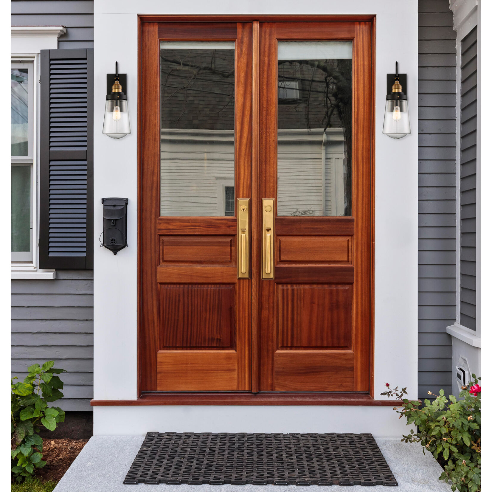 Macauley Outdoor Wall Lantern in Vintage Black with Warm Brass