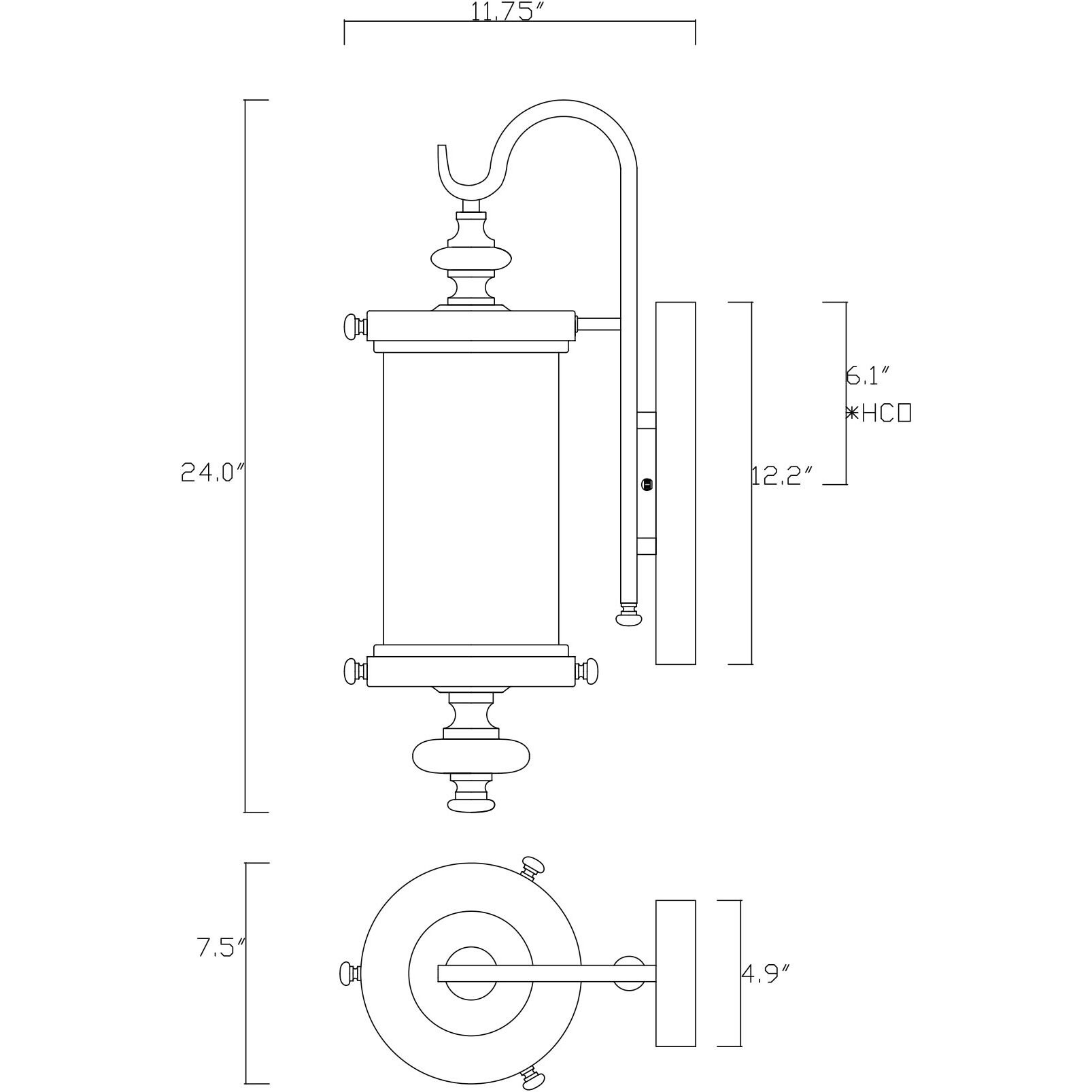 Palmer Outdoor Wall Lantern, 12 1/4" and 5" wide for back plate.......center of the mount to the top of the scroll is 13"