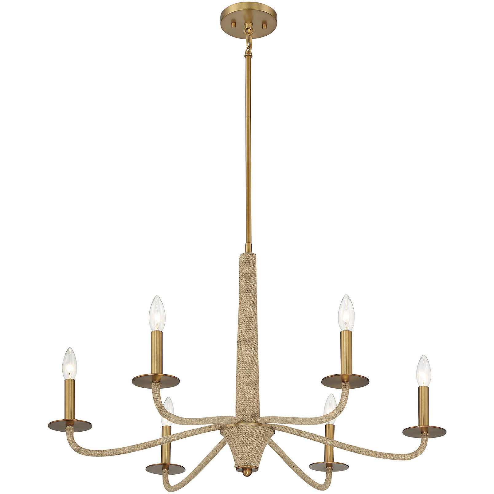 Cannon 6 Light 32 inch Warm Brass and Rope Chandelier Ceiling Light