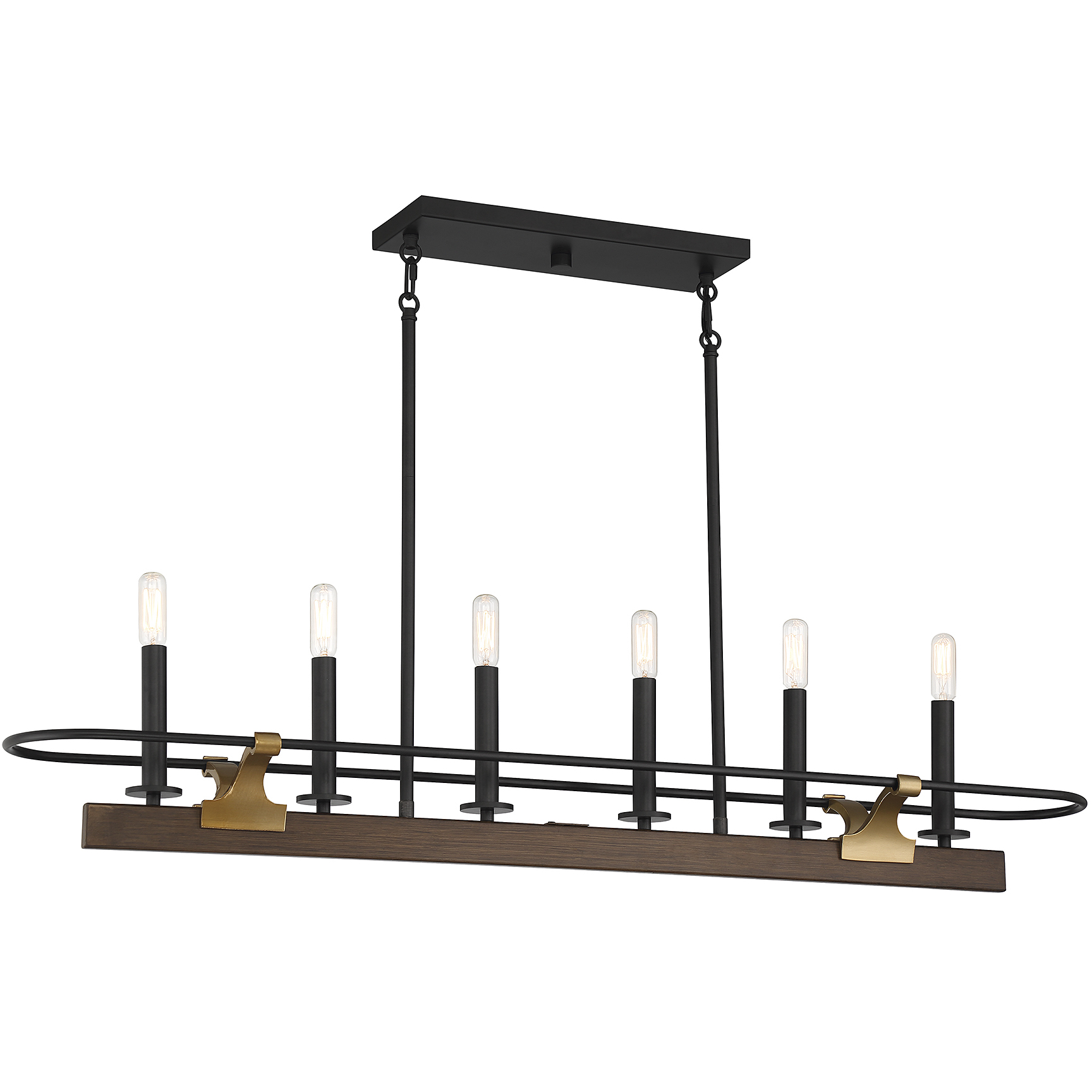 Icarus 6 Light 42 inch Burnished Brass with Walnut Linear Chandelier Ceiling Light, Lighting One